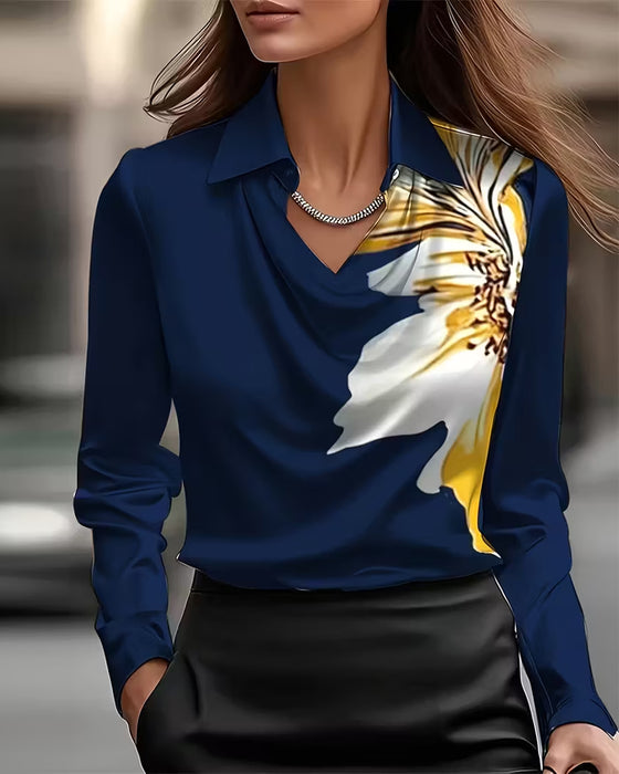 Bluse Lapel Lige Skulder Trykt