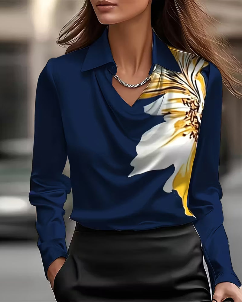 Bluse Lapel Lige Skulder Trykt