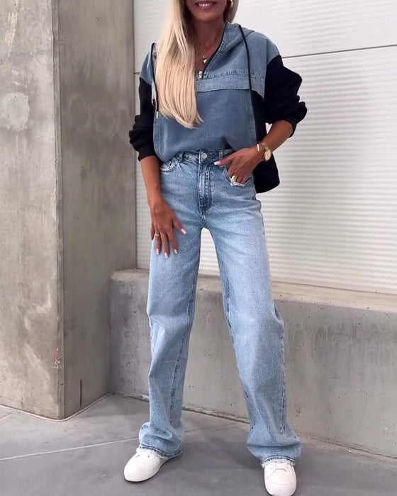 Patchwork denim hættetrøje med lynlås
