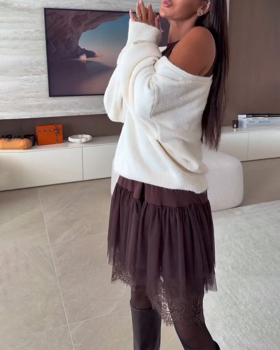 Off-Shoulder Løstsiddende Sweater & Blonder Kant Kjole