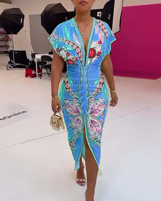 Gul slim fit kjole med print