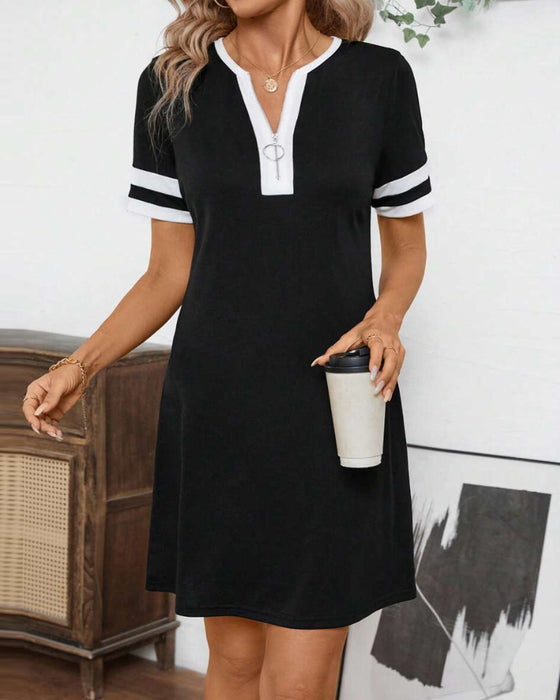 Kjole Halv Lynlås Farveblok Slim-Fit Kortærmet