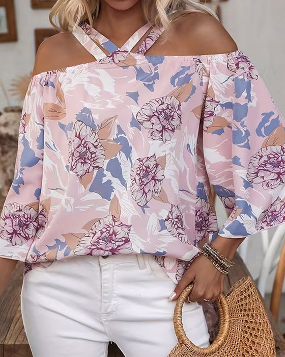 Bluse Blomstret Kors Off-Shoulder