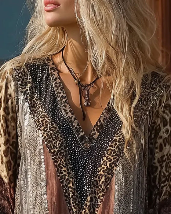 Bluse Leopard Patchwork V-Hals Tryk