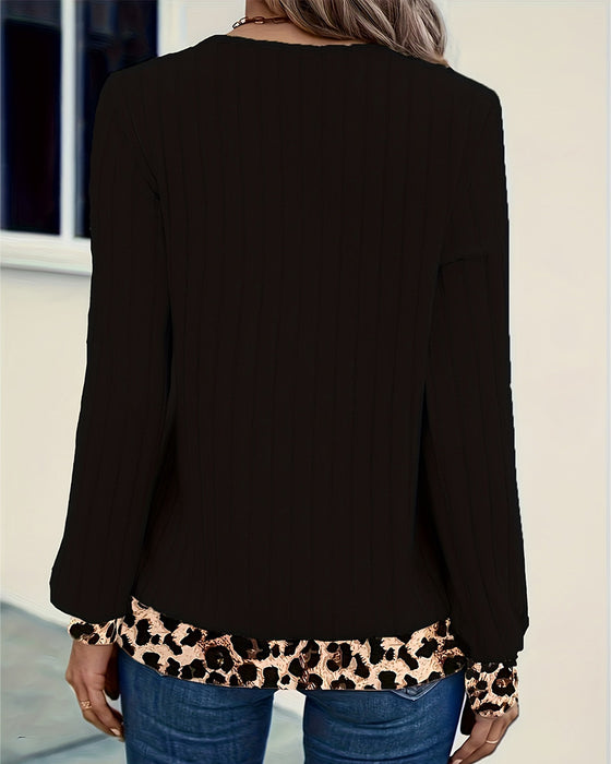 Top Lang Ærme V-Hals Leopard Patchwork