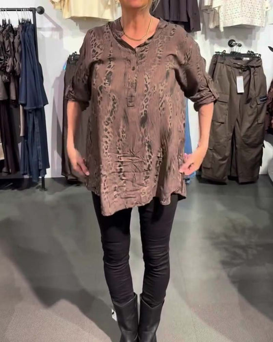 Bluse V-Hals Knap Foran Leopard Tryk Afslappet