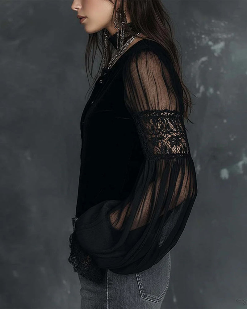 Bluse Knap-Ned V-Udskæring Puf ærme