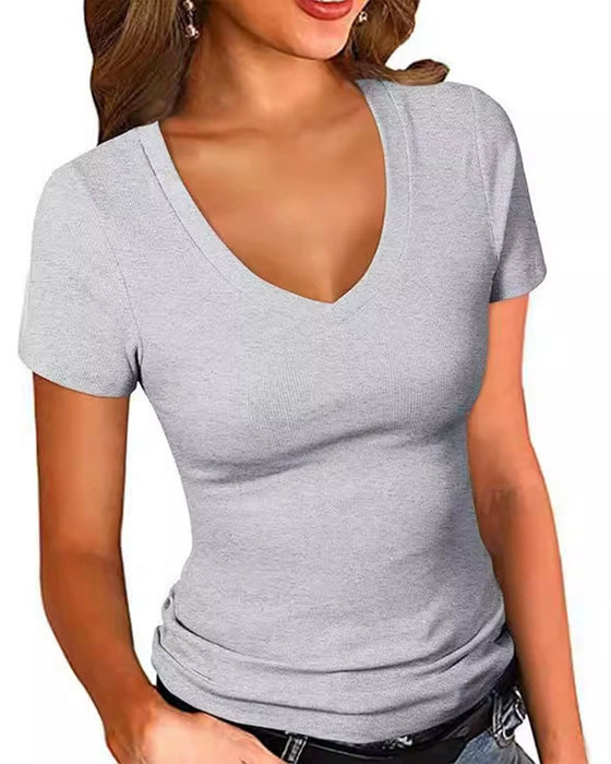 T-Shirt Ribstrikket Slim Fit V-Udskæring Korte Ærmer