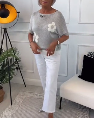 Slim fit striktrøje med rund hals og blomstermotiver