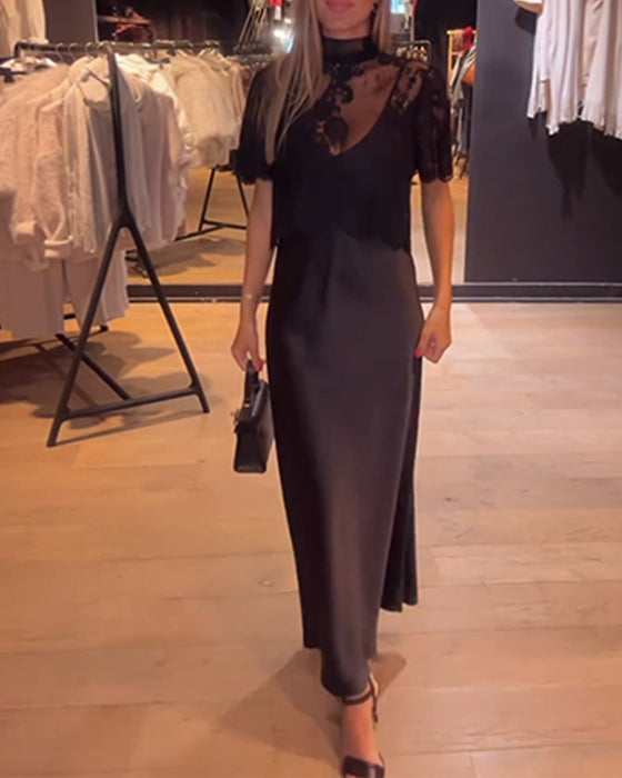 Sæt Blonde Og Meshbluse Med Draperet Slipkjole