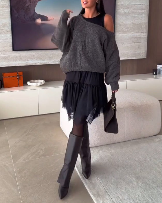 Off-Shoulder Løstsiddende Sweater & Blonder Kant Kjole