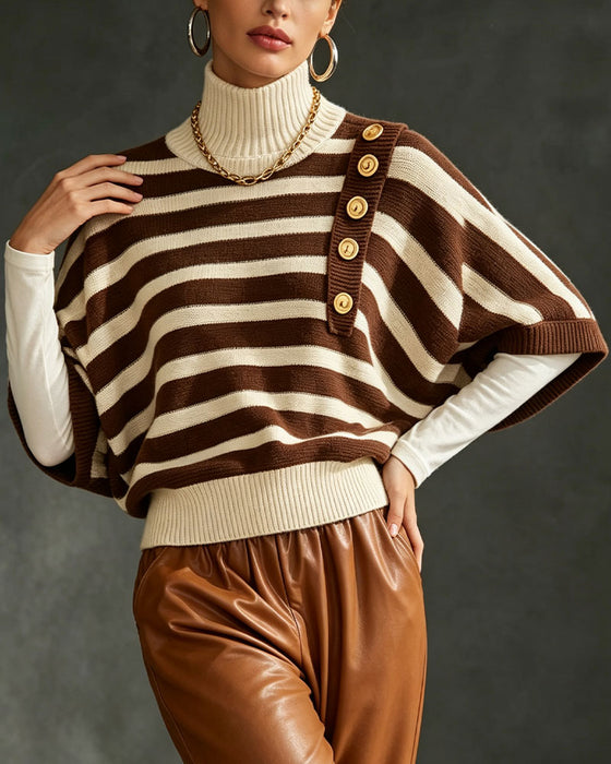 Pullover Højhals Knap Stribet Halværme Sweater
