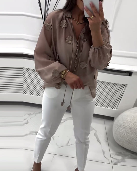 Bluse Ensfarvet 3D-Blomster Snøre