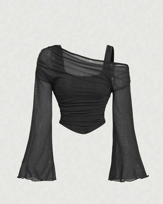 Bluse Net Rynket Lang Ærme Cami