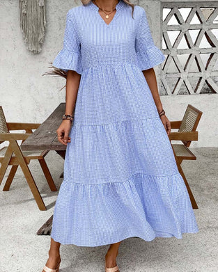 Kjole Blå Hvid Gingham V-Hals