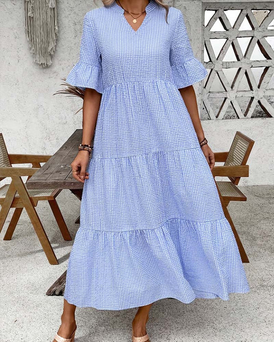 Kjole Blå Hvid Gingham V-Hals