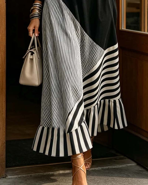 Kjole V-Hals Stribe Patchwork Ruffle