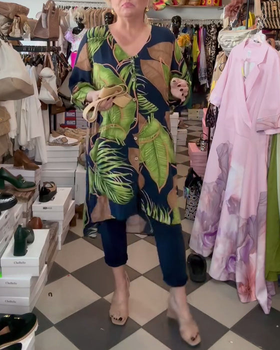 Løs Kjole Med Bladprint Og V-Udskæring