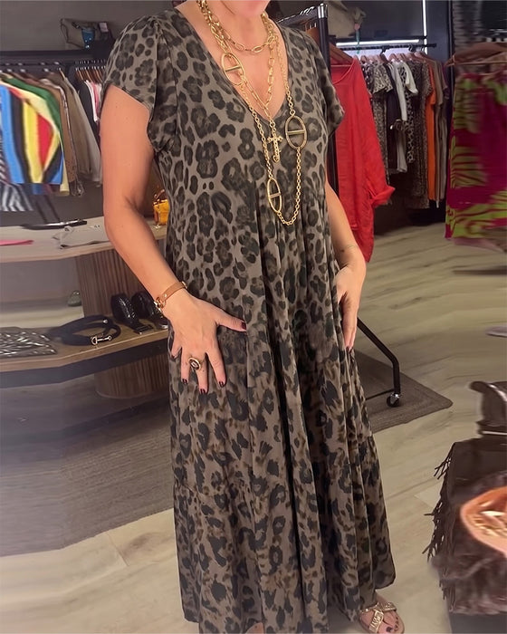 Kjole V-Hals Leopard Kort Ærme