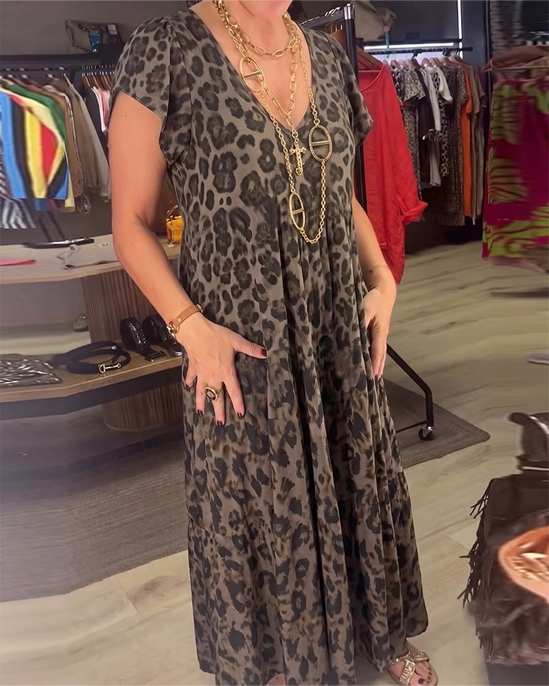 Kjole V-Hals Leopard Kort Ærme