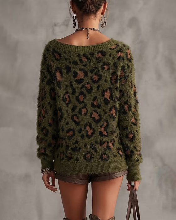 Pullover Off-Shoulder Leopardmønster Langærmet