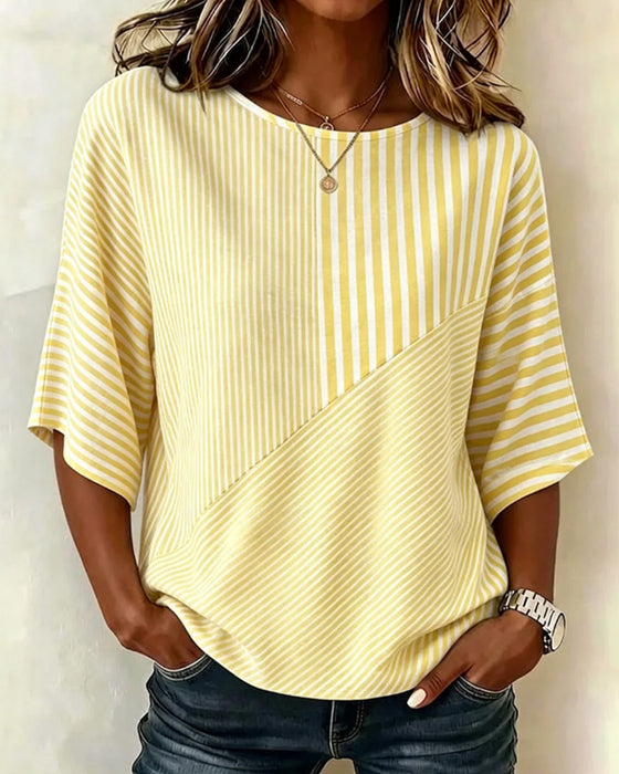T-Shirt Stribet Rund Hals Farveblok