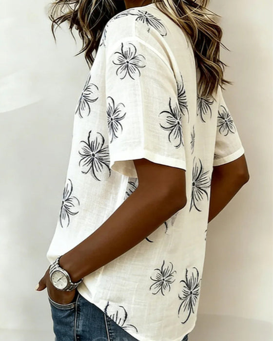 Bluse Crew Neck Knappestrop Blomstret Casual