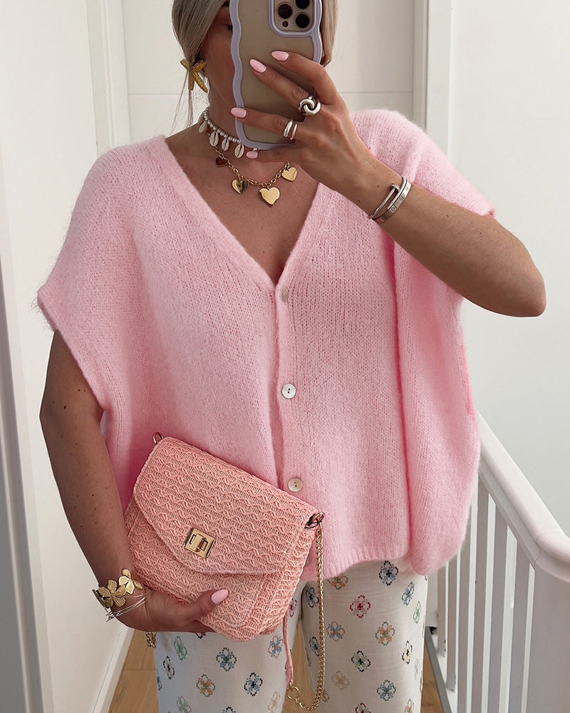 Cardigan Ærmeløs V-Udskæring Knapforkant Trøje