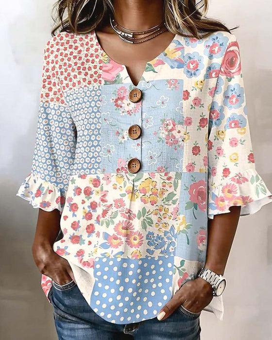 Bluse Kortærmet Blomstermønster Patchwork