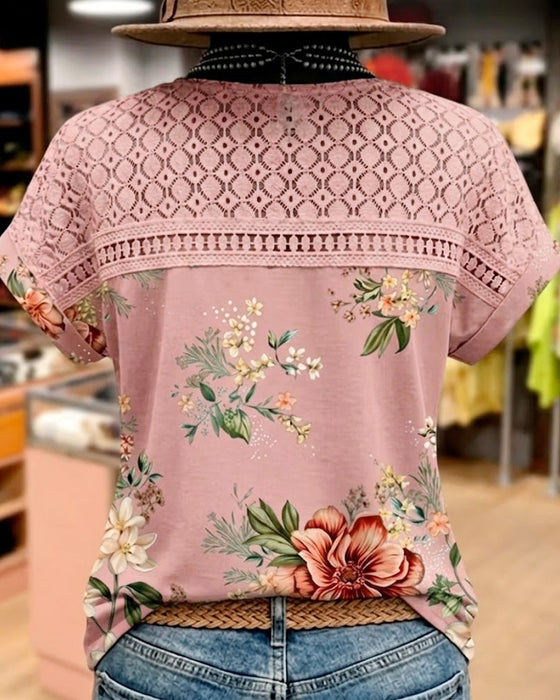 T-Shirt Udskæring Patchwork Kort Ærme