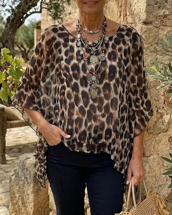 Bluse Leopard Flagermus-Ærme Løs