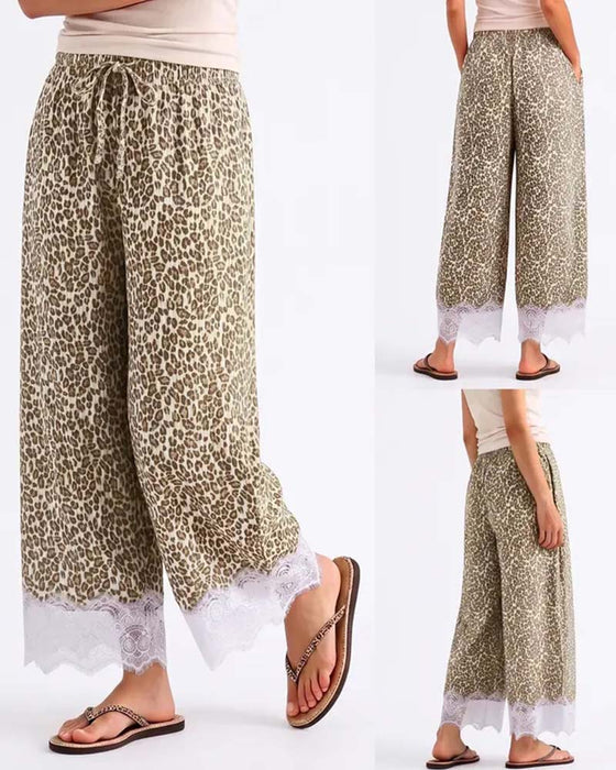 Bukser Elastisk Talje Leopardmønster Blonder Spliced Brede Ben