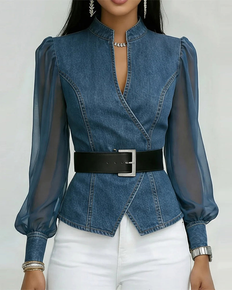Bluse I Elegant Mesh Og Denim