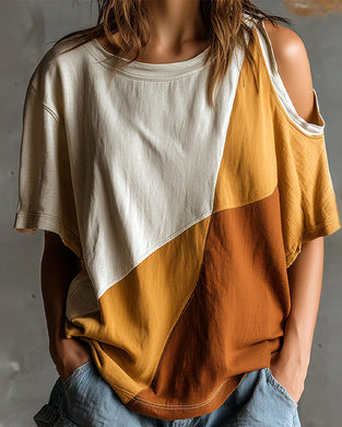 T-Shirt Farveblok Off-Skulder Løs