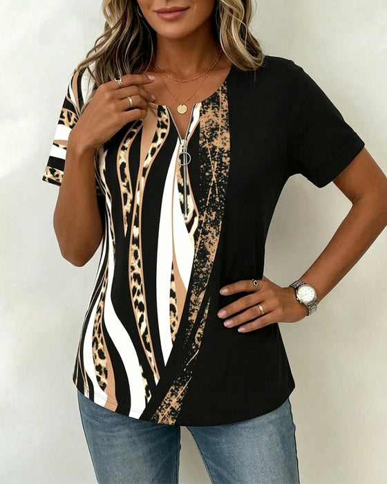 T-Shirt Lynlås Leopard Tryk Farveblok Casual