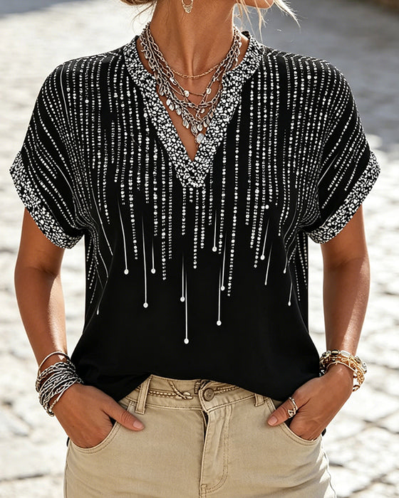 Bluse Off-Skulder V-Hals Tryk