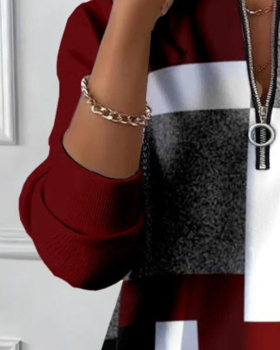 Afslappet Sweatshirt Med Halv Lynlås Og Print