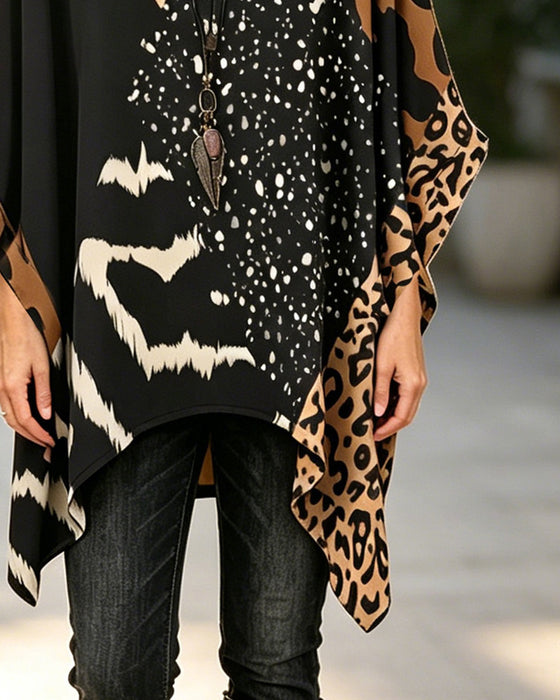 Bluse Rund Hals Leopardmønster Pailletter Patchwork