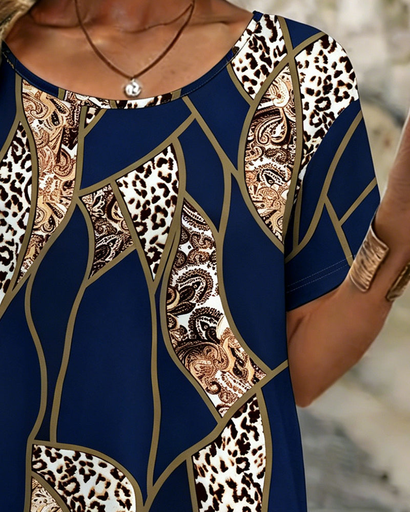 T-Shirt Uregelmæssig Geometrisk Leopard Tryk