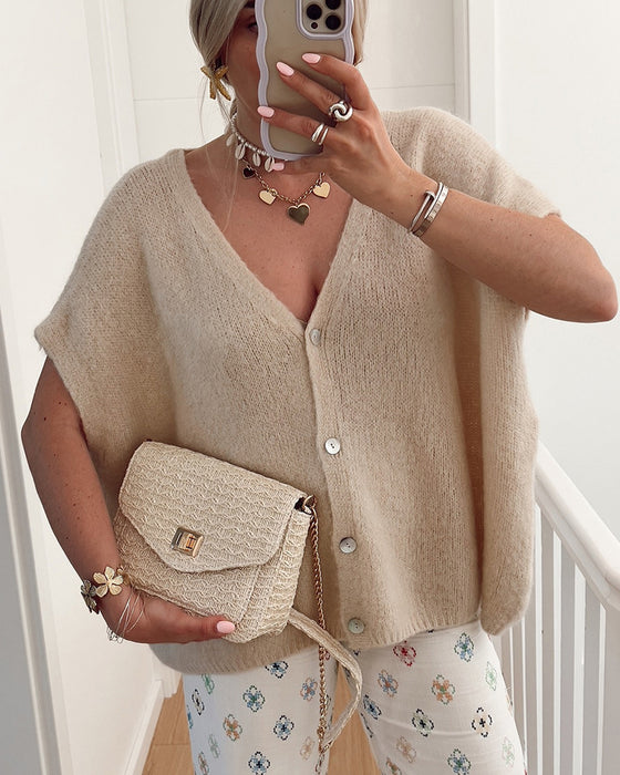 Cardigan Ærmeløs V-Udskæring Knapforkant Trøje