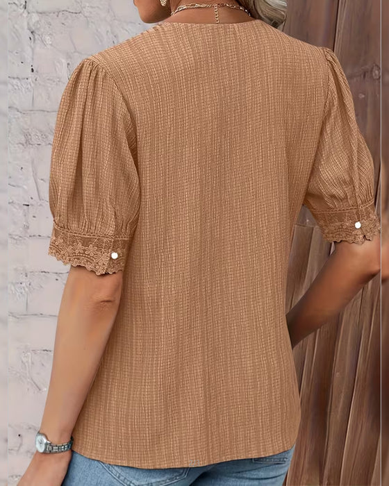 Bluse Blonde Patchwork V-Hals Puf Ærme