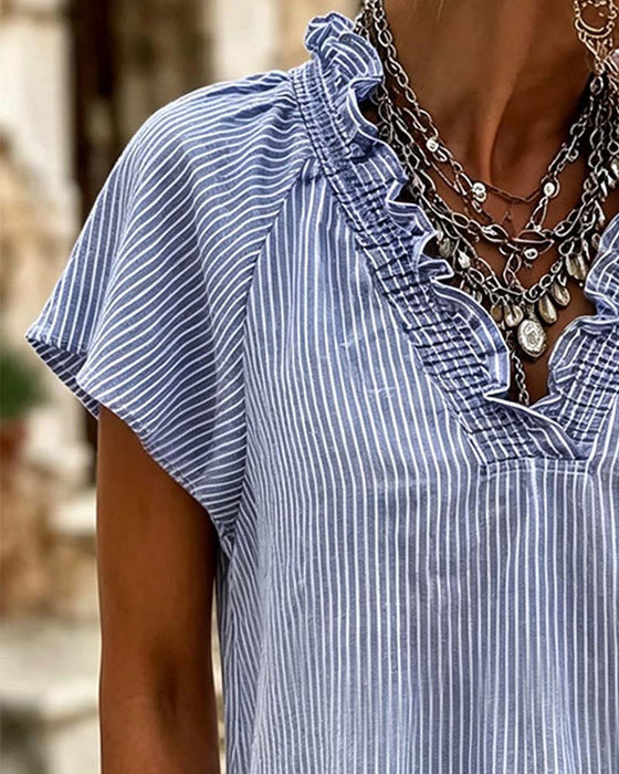 Bluse V-Hals Stribe Ruffle