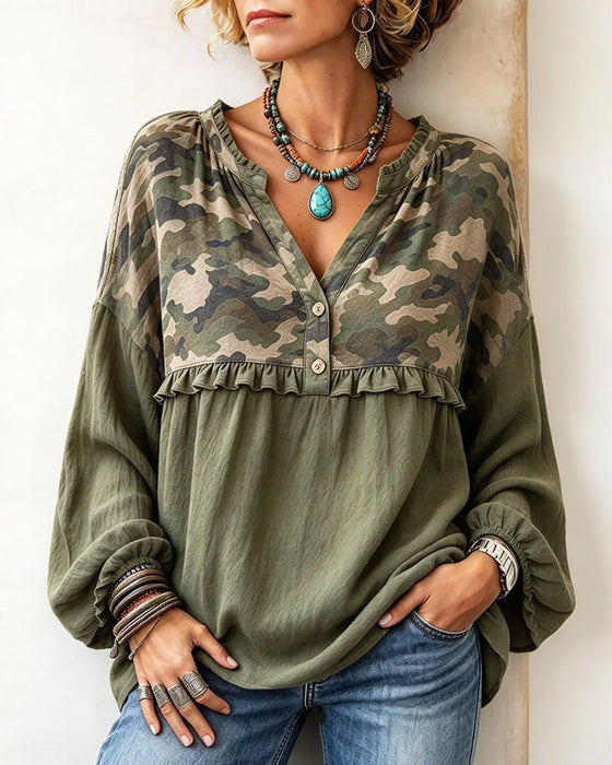 Top Camo Patchwork Rynkekant V-Hals
