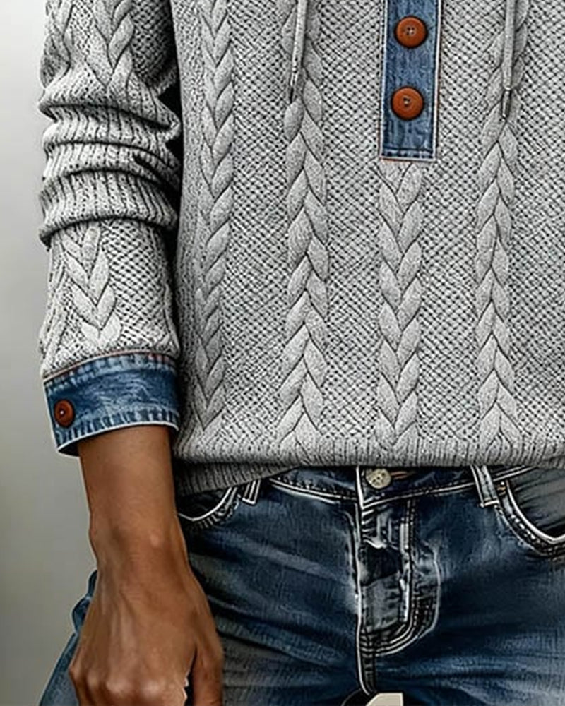 Farveblokeret Langærmet Hættetrøje Med Knapper