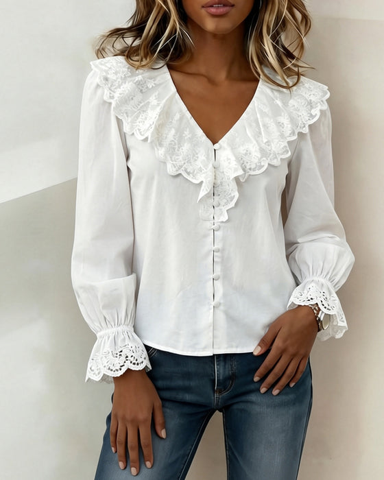 Bluse V-Hals Blondekant Enkeltradet