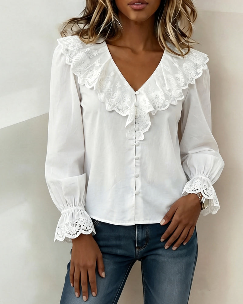 Bluse V-Hals Blondekant Enkeltradet