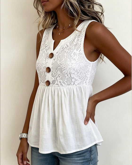 Top V‑Hals Knapper Blonde‑Panel Ensfarvet