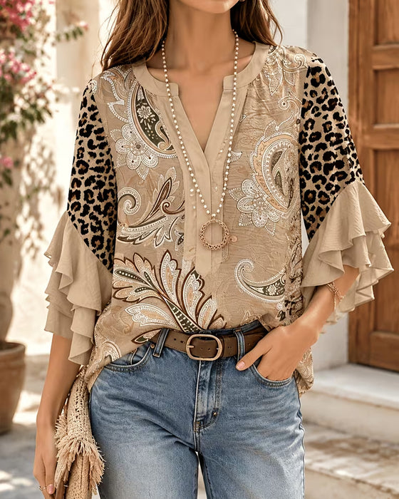 Bluse Leopard Tryk Panel Ruffle Ærme
