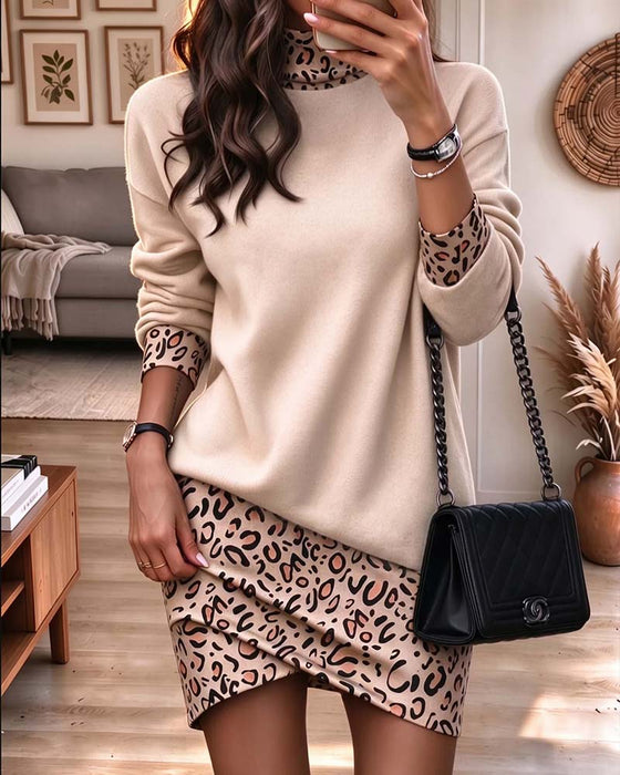 Kjole Høj Krave Leopard Tryk Slim