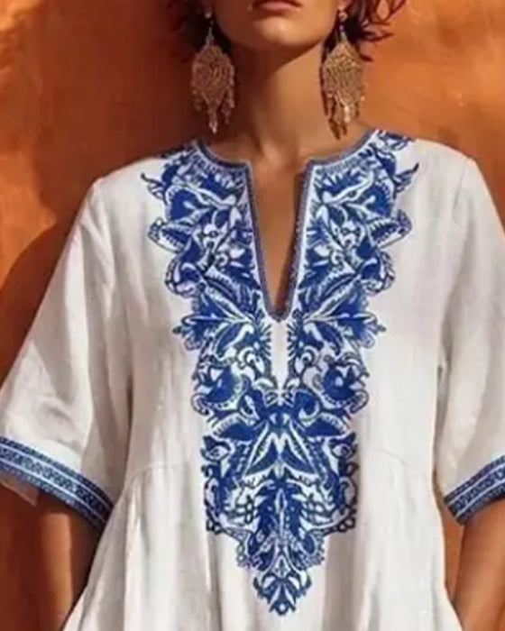Kjole V-Hals Bohemian Fuld Nederdel Lomme